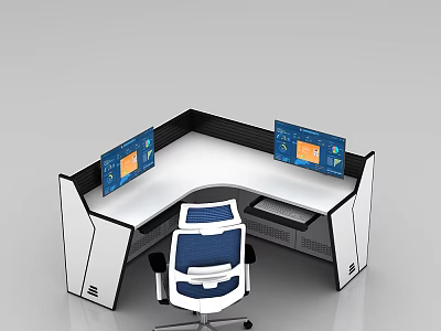 Modern Monitoring Room With L Shaped Console Dual Screens And Ergonomic Chair 3d model