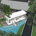 Modern Landscape Design With Water Pool Trees Open Space And Pedestrian Walkway