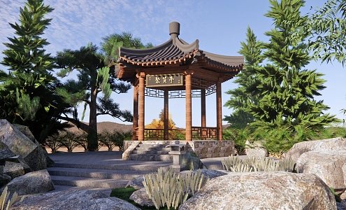 Chinese-style pavilion ancient pavilion landscape pavilion four-corner pavilion six-corner pavilion landscape gallery shelf leisure pavilion lounge wooden gallery shelf 3d model