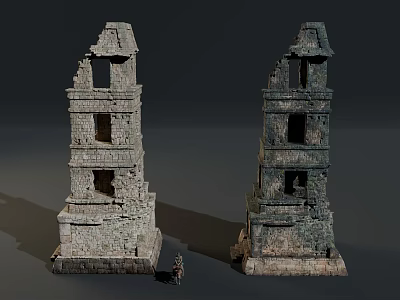 Ancient Ruined Stone Towers With Small Figurine And Historical Architectural Detail 3d model