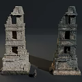 Ancient Ruined Stone Towers With Small Figurine And Historical Architectural Detail