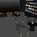Modern Bar Lounge Interior With Leather Chairs Round Tables And Illuminated Wine Shelves