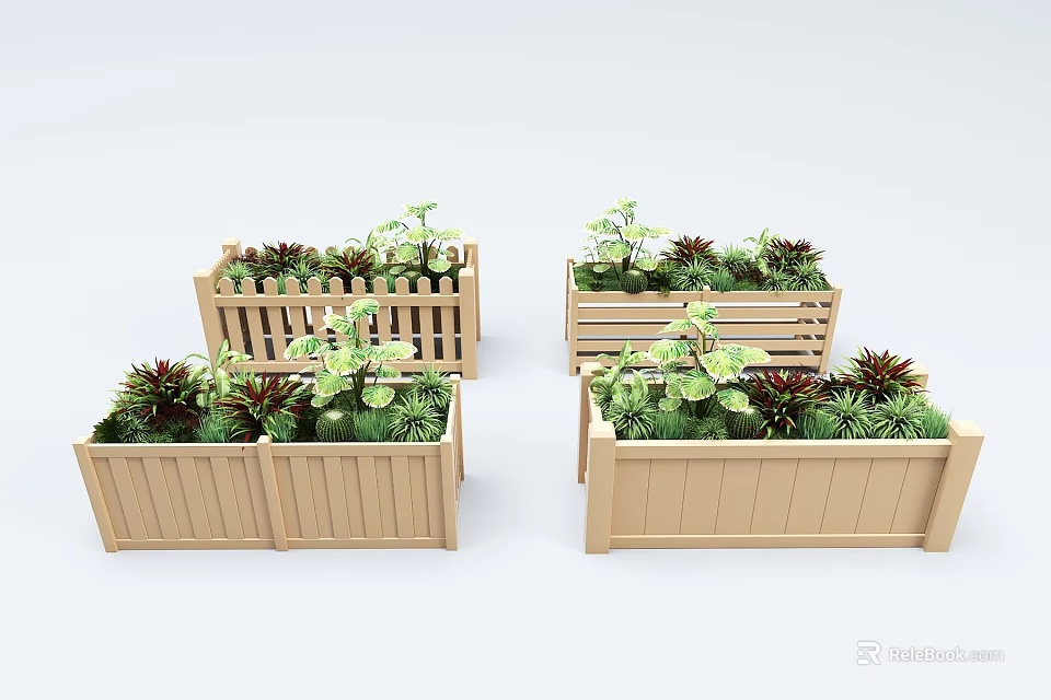 Decorative Wooden Garden Planter Boxes With Various Green Plants And Designs 3d model 