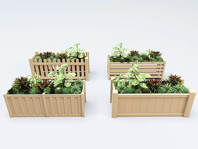 Decorative Wooden Garden Planter Boxes With Various Green Plants And Designs 3d model