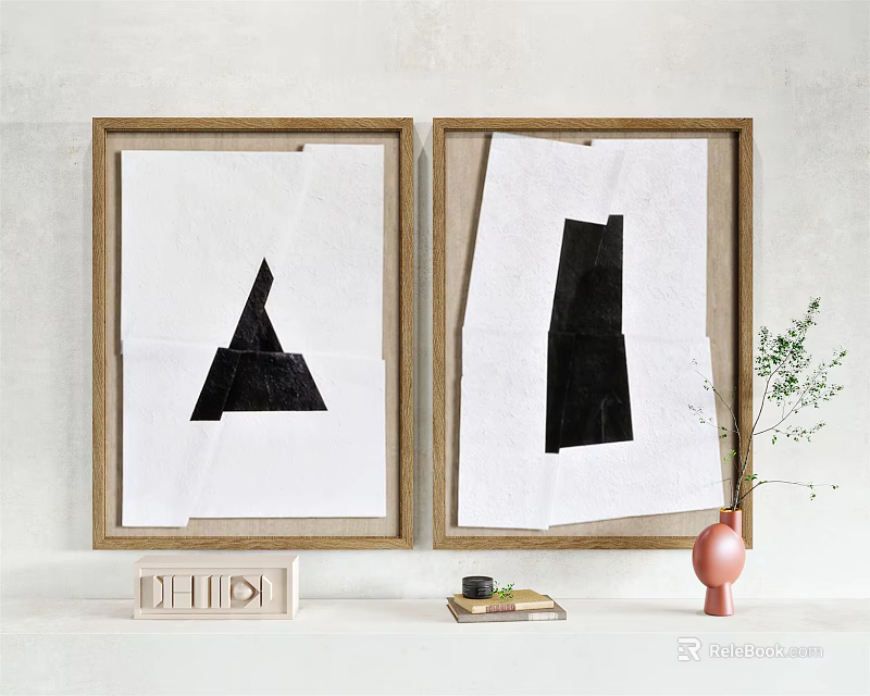 Framed Artworks With Wooden Frames Black Geometric Shapes Letter Decor Vase And Plants 3d model 