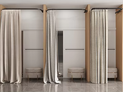 Elegant Clothing Store Interior With Beige Curtains Wooden Frames And Stools On Marble Floor 3d model