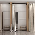 Elegant Clothing Store Interior With Beige Curtains Wooden Frames And Stools On Marble Floor