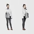 Stylish Woman Wearing White Turtleneck Sweater Dark Jeans Gray Bag and Brown Shoes