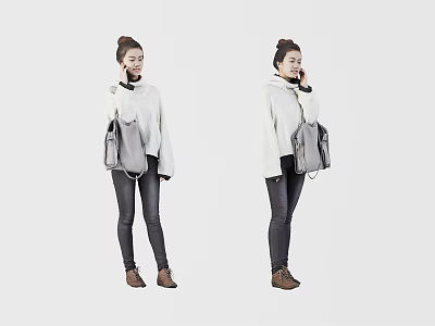 Stylish Woman Wearing White Turtleneck Sweater Dark Jeans Gray Bag and Brown Shoes 3d model