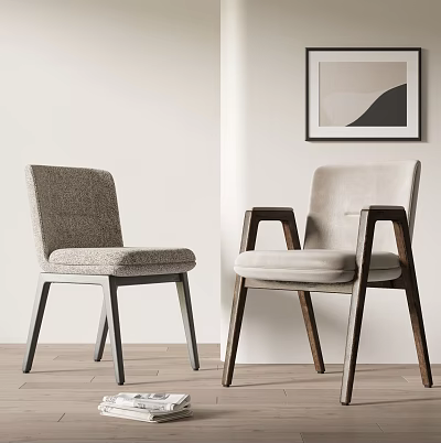 Modern Upholstered Dining Chairs With Gray Beige Fabric And Wooden Legs Design 3d model
