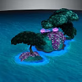 Vibrant Cartoon Scene With Floating Islands Green Trees And Pink Decorations In Blue Water