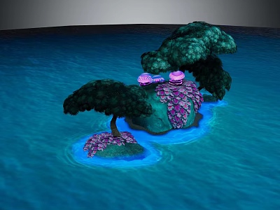 Vibrant Cartoon Scene With Floating Islands Green Trees And Pink Decorations In Blue Water 3d model