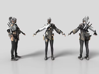 Silver Gray Haired Game Movie Character With Tactical Gear And Weapons From Three Angles 3d model