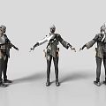 Silver Gray Haired Game Movie Character With Tactical Gear And Weapons From Three Angles