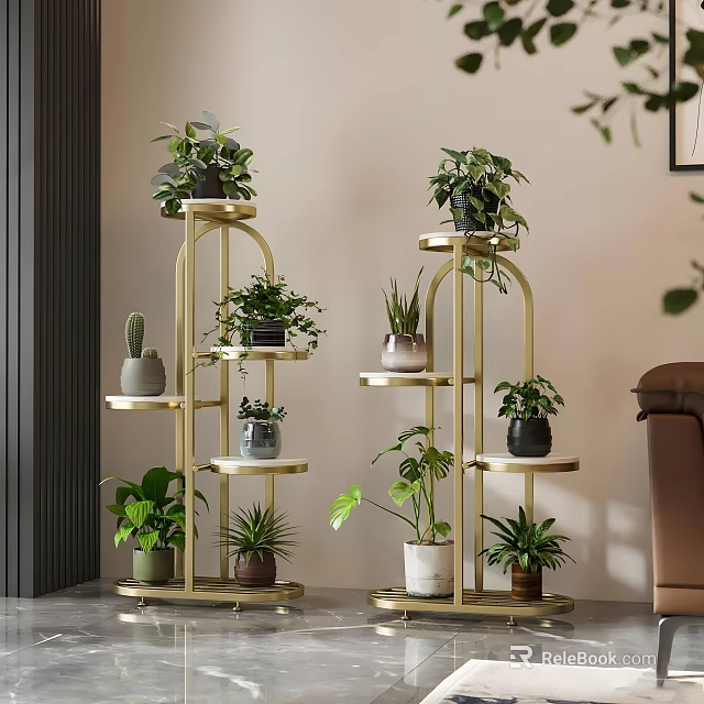 Indoor Multi tier Gold Metal Plant Stand with Decorative Potted Greenery Plants 3d model 