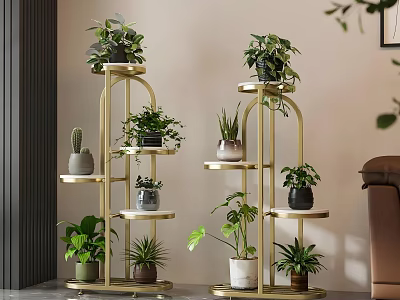 Indoor Multi tier Gold Metal Plant Stand with Decorative Potted Greenery Plants 3d model