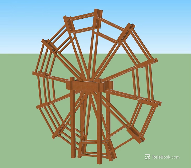 Garden Landscape Design With Wooden Water Wheel And Green Grass Background 3d model 