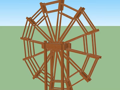 Garden Landscape Design With Wooden Water Wheel And Green Grass Background 3d model