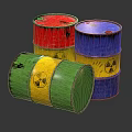 Radioactive Waste Barrels In Red Yellow Blue Green With Radioactive Symbols