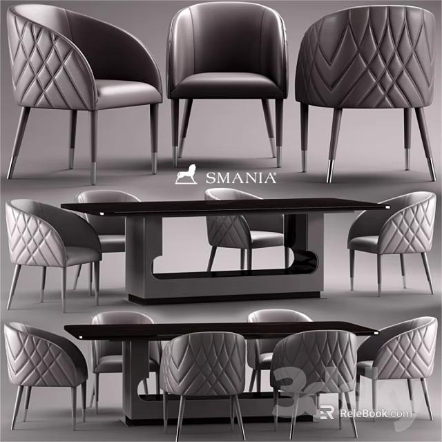 Modern Dining Table Set With Quilted Gray Leather Chairs And Metal Legs Black Tabletop 3d model 