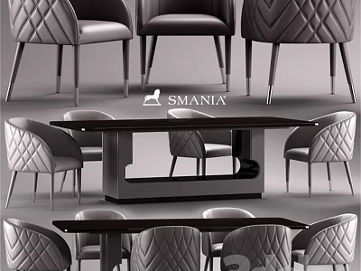 Modern Dining Table Set With Quilted Gray Leather Chairs And Metal Legs Black Tabletop 3d model
