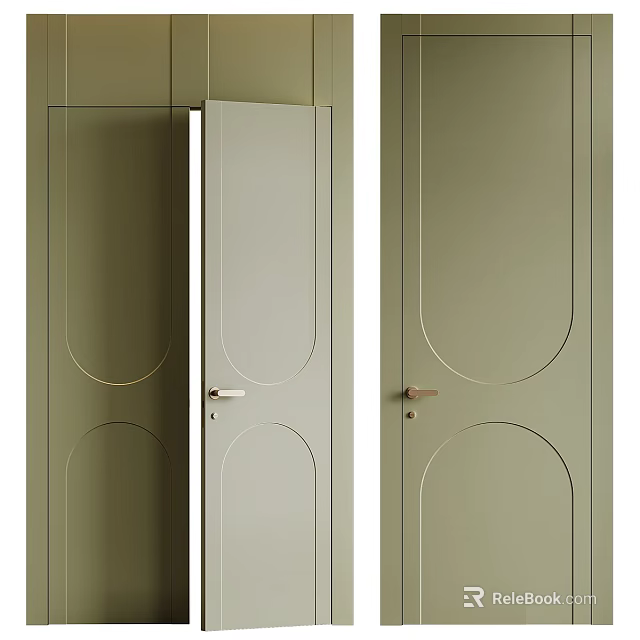 Olive Green Flush Doors with Circular Panels and Sleek Modern Door Handles Design 3d model 