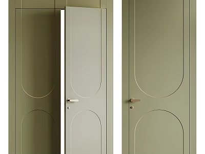 Olive Green Flush Doors with Circular Panels and Sleek Modern Door Handles Design 3d model