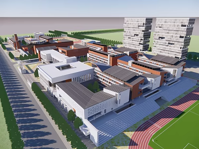 School Campus Buildings with Red Brick White Exteriors Sports Field Green Lawn and Running Track 3d model