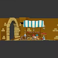 Cartoon Scene of Arched Entrance with Striped Awning Cart and Pastry Items by Brick Walls