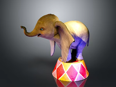 Decorative Small Elephant Figurine Standing On Vibrant Colorful Diamond Pattern Base 3d model
