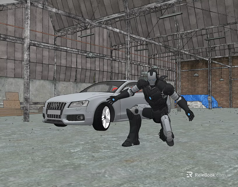 Silver Audi Car With Humanoid Robot In Industrial Warehouse Environment 3d model 