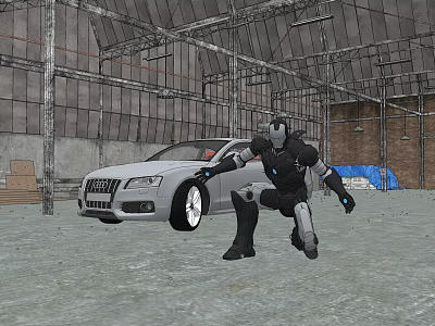 Silver Audi Car With Humanoid Robot In Industrial Warehouse Environment 3d model
