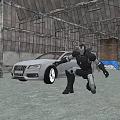 Silver Audi Car With Humanoid Robot In Industrial Warehouse Environment 3d model