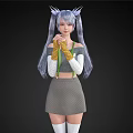 Stylish Woman With Silver Twin Tails Yellow Gloves Grey Skirt And White Stockings