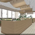Modern Restaurant Interior With Wooden Lattice Counter Green Chairs Pendant Lights And Colorful Tiled Floor