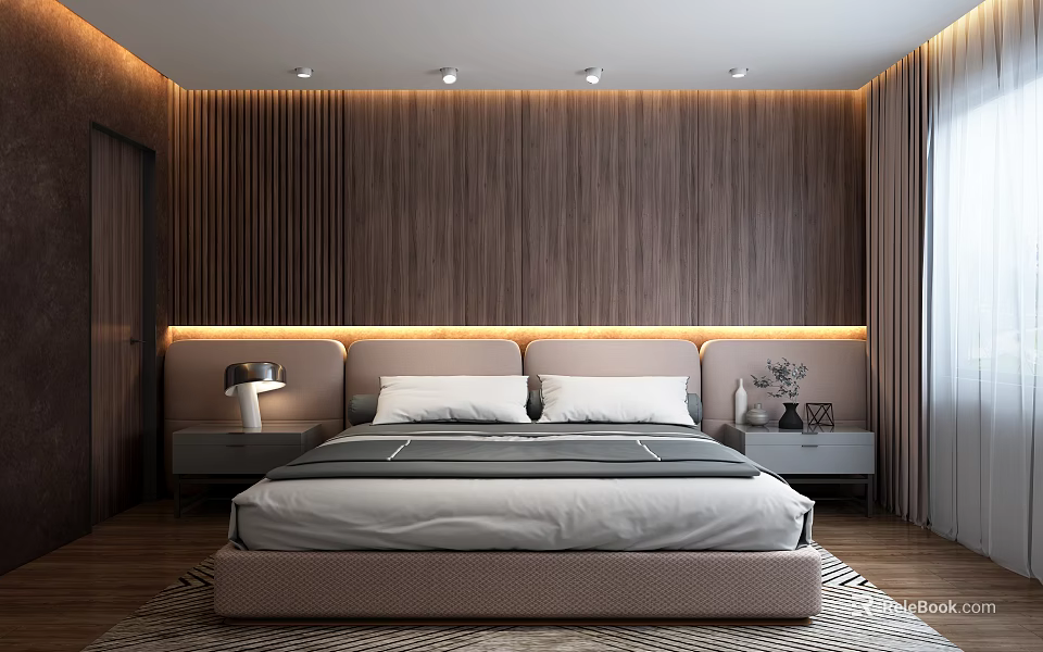 Modern Bedroom Interior Design With Wooden Paneled Walls Illuminated Headboard And Minimalist Bed Nightstands 3d model 