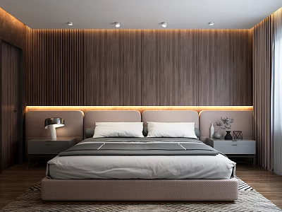 Modern Bedroom Interior Design With Wooden Paneled Walls Illuminated Headboard And Minimalist Bed Nightstands 3d model