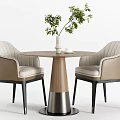 Modern Round Table and Chair Set with Wooden Top Metal Base and Upholstered Beige Chairs