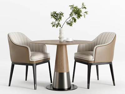 Modern Round Table and Chair Set with Wooden Top Metal Base and Upholstered Beige Chairs 3d model
