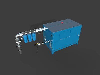 Blue Industrial Equipment With Cabinet Red Button Silver Pipes And Blue Cylindrical Components 3d model