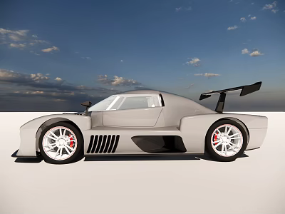Silver Sports Car Featuring Large Rear Wing Sleek Body White Rims And Blue Sky Background 3d model