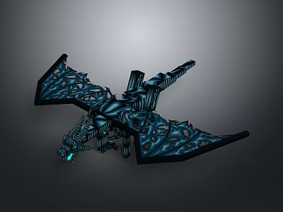 3D Fantasy Mechanical Dragon Creature with Glowing Blue Eyes and Intricate Wing Patterns 3d model