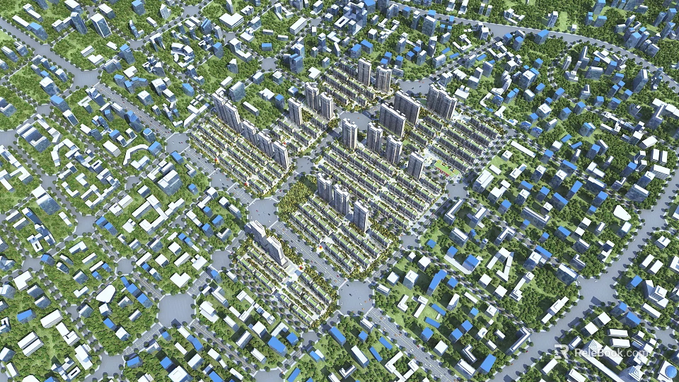 Modern Aerial Planning of Urban Residential Layout Featuring Buildings Green Areas and Road Networks 3d model 
