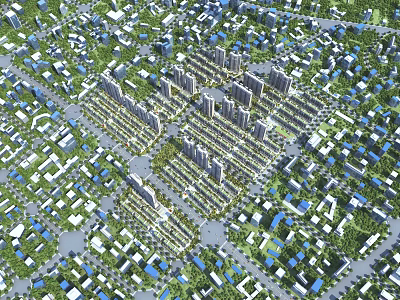 Modern Aerial Planning of Urban Residential Layout Featuring Buildings Green Areas and Road Networks 3d model