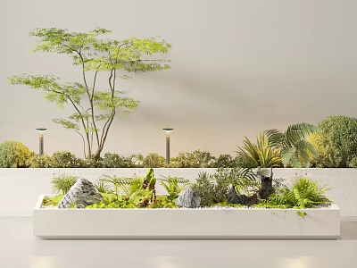 Mixed Plants Combination In White Planter Box With Green Foliage Stone Decorations And Lights 3d model