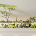 Mixed Plants Combination In White Planter Box With Green Foliage Stone Decorations And Lights