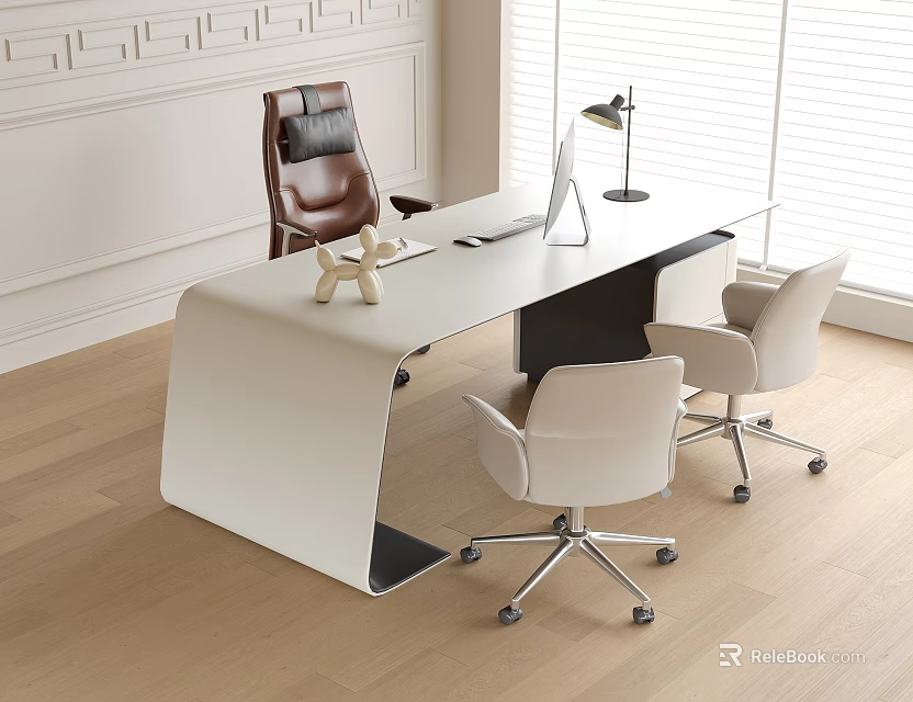 Modern Office Desk with White Surface Black Accent Desk Lamp Two White Chairs Near Windows 3d model 