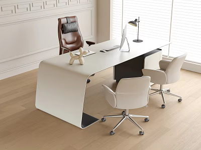 Modern Office Desk with White Surface Black Accent Desk Lamp Two White Chairs Near Windows 3d model