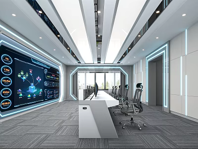 Modern Control Room With Large Monitoring Screen Control Desk And Ergonomic Chairs 3d model