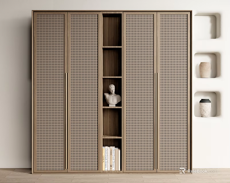 Modern Wardrobe With Lattice Doors Open Shelves Sculpture And Books Interior Design 3d model 
